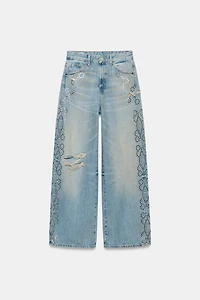 TRF RIPPED STUDDED WIDE LEG JEANS
