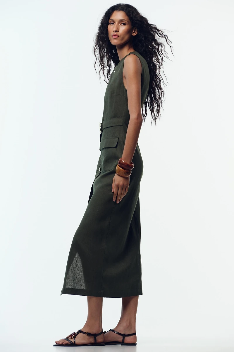 LINEN BELTED MIDI DRESS