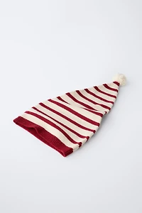 BONNET EN MAILLE RAYÉ À POMPON AVEC LAINE