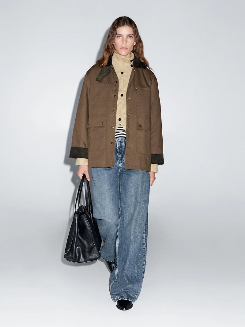 Waxed parka with corduroy detail