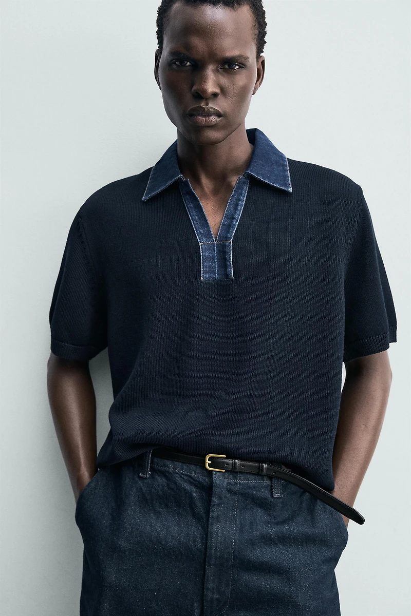 COMBINATION DENIM COLLAR KNIT POLO