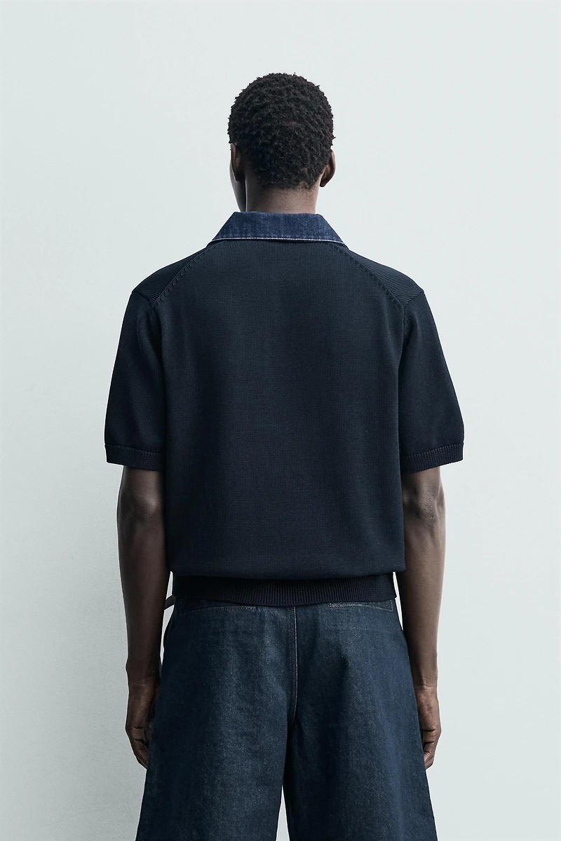 COMBINATION DENIM COLLAR KNIT POLO