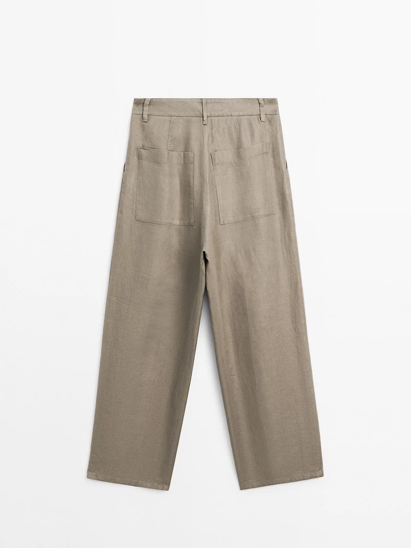100% linen wide-leg mid-rise trousers
