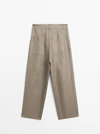 100% linen wide-leg mid-rise trousers
