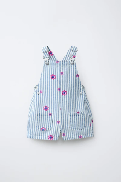 STRIPED TWILL OVERALLS WITH EMBROIDERED FLOWERS