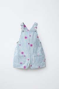 STRIPED TWILL OVERALLS WITH EMBROIDERED FLOWERS