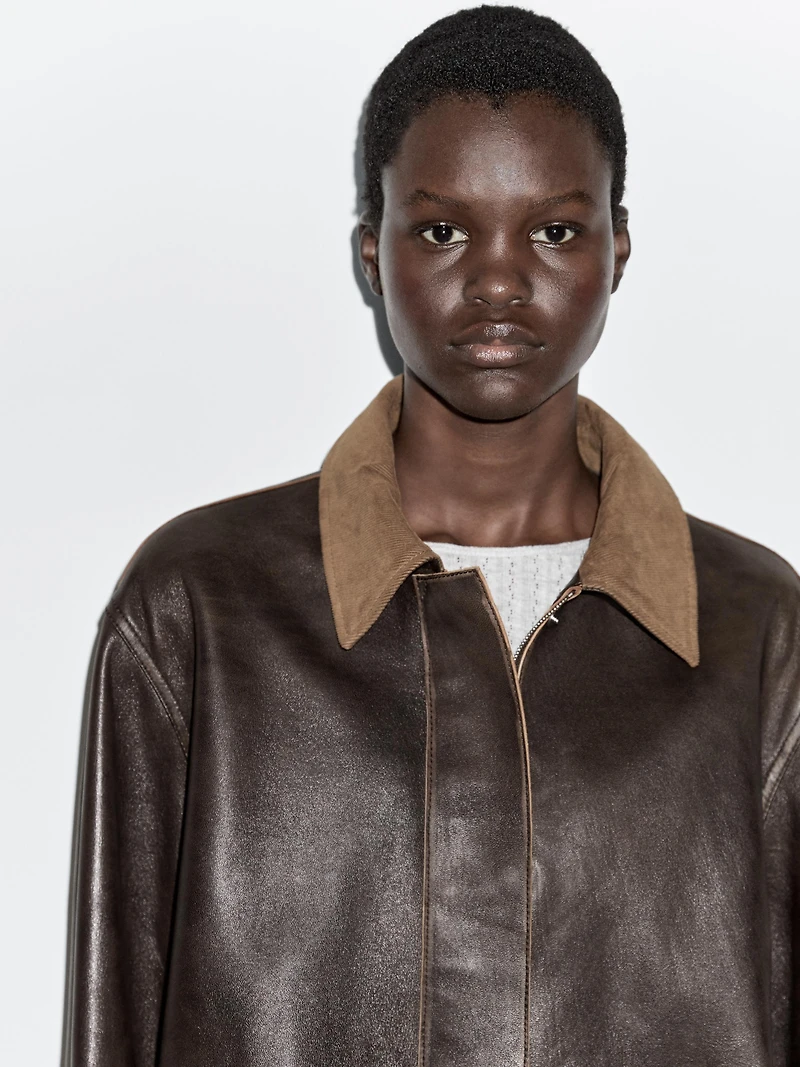Nappa leather parka with corduroy detail
