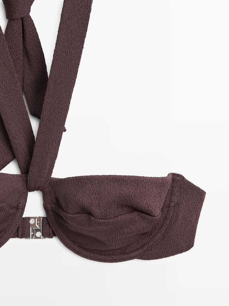 Textured bikini top with underwire and tied neck