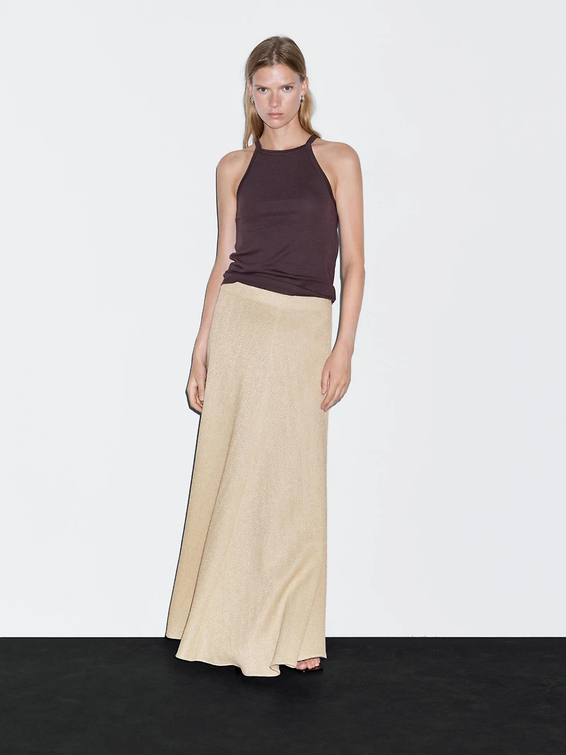 Long herringbone cotton blend skirt