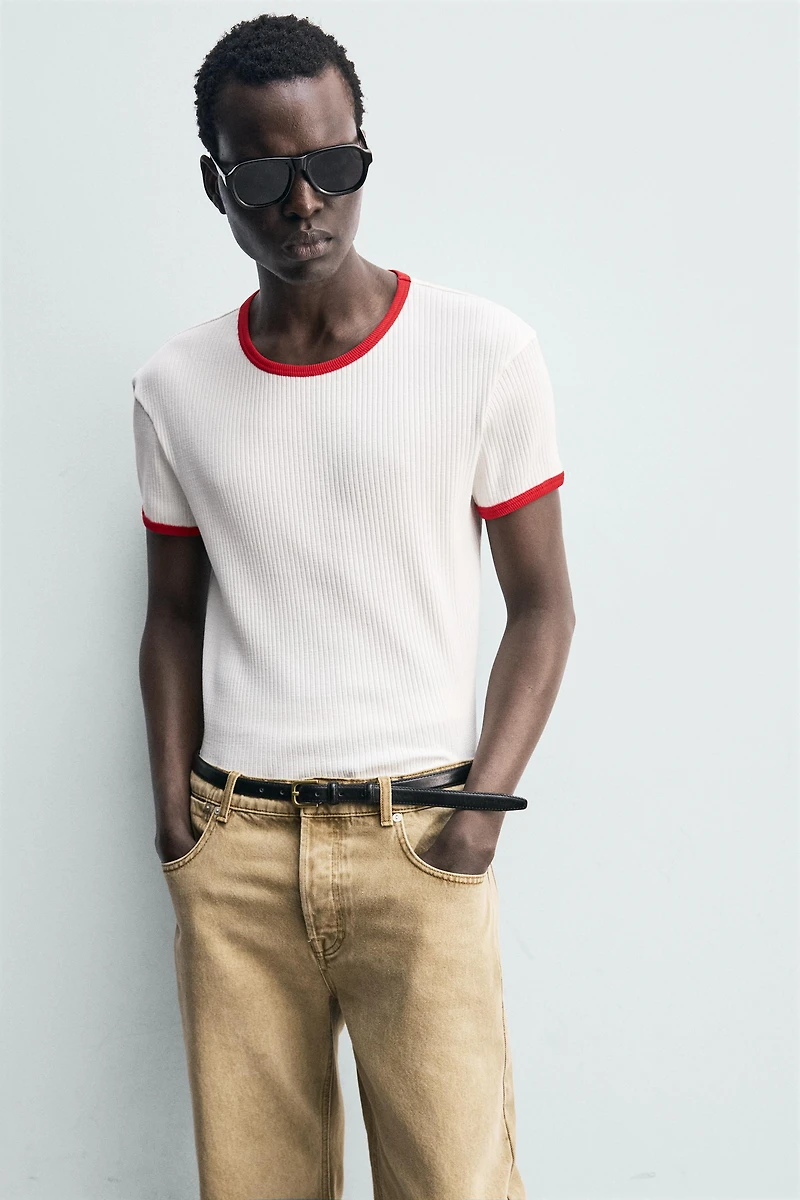 CONTRAST RIBBED PRINT T-SHIRT