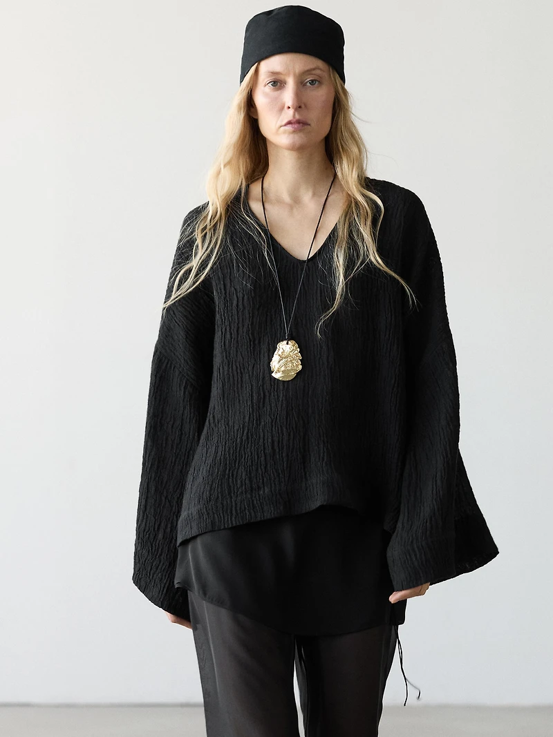 100% linen waffle-knit flowing blouse