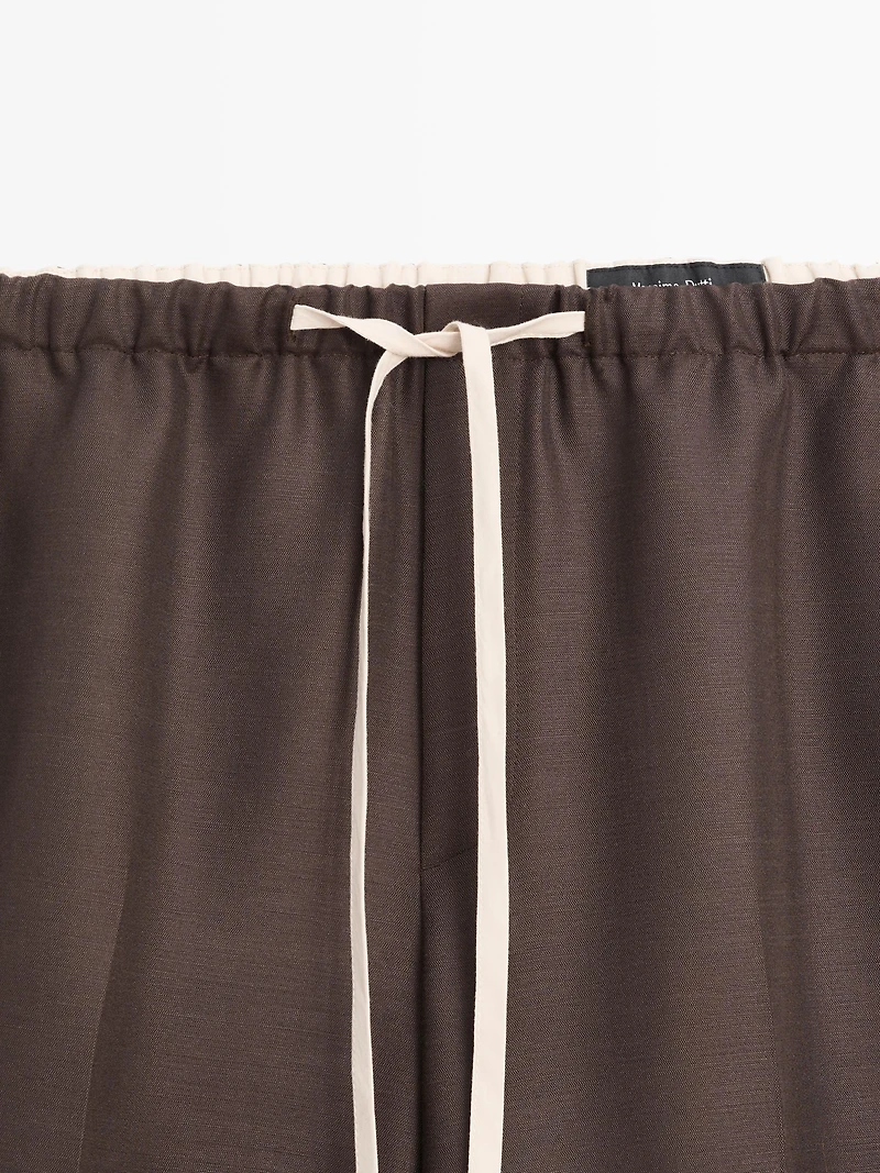 Wool blend contrast drawstring trousers