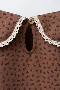 PETER PAN COLLAR LACE TRIM PRINTED SWEATSHIRT