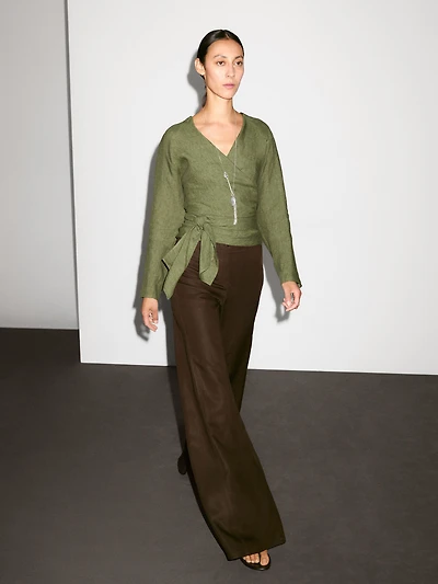 Blouse fluide lin avec nœud à la taille
