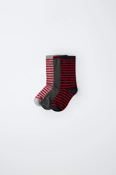 LOT DE TROIS PAIRES CHAUSSETTES MI-HAUTES RAYÉES ET UNIES