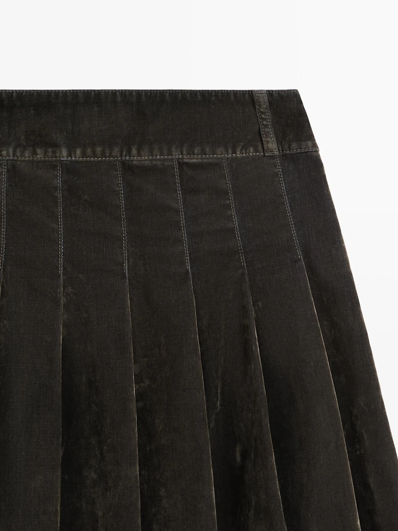 Flocked denim midi skirt with box pleats