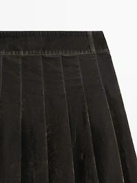 Flocked denim midi skirt with box pleats