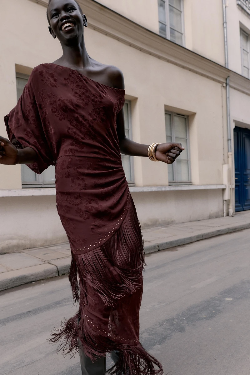 DEVORÉ FRINGED ASYMMETRIC MIDI DRESS