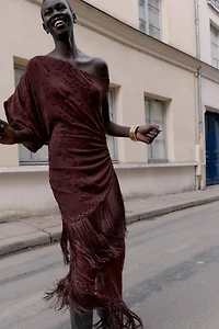 DEVORÉ FRINGED ASYMMETRIC MIDI DRESS