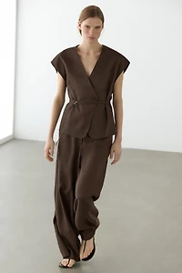 Linen blend waistcoat with wrap neckline