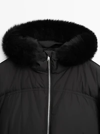 Technical down jacket with faux fur hood