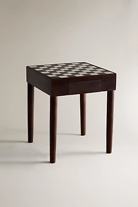 TEAK SIDE TABLE WITH MARBLE CHESS TOP