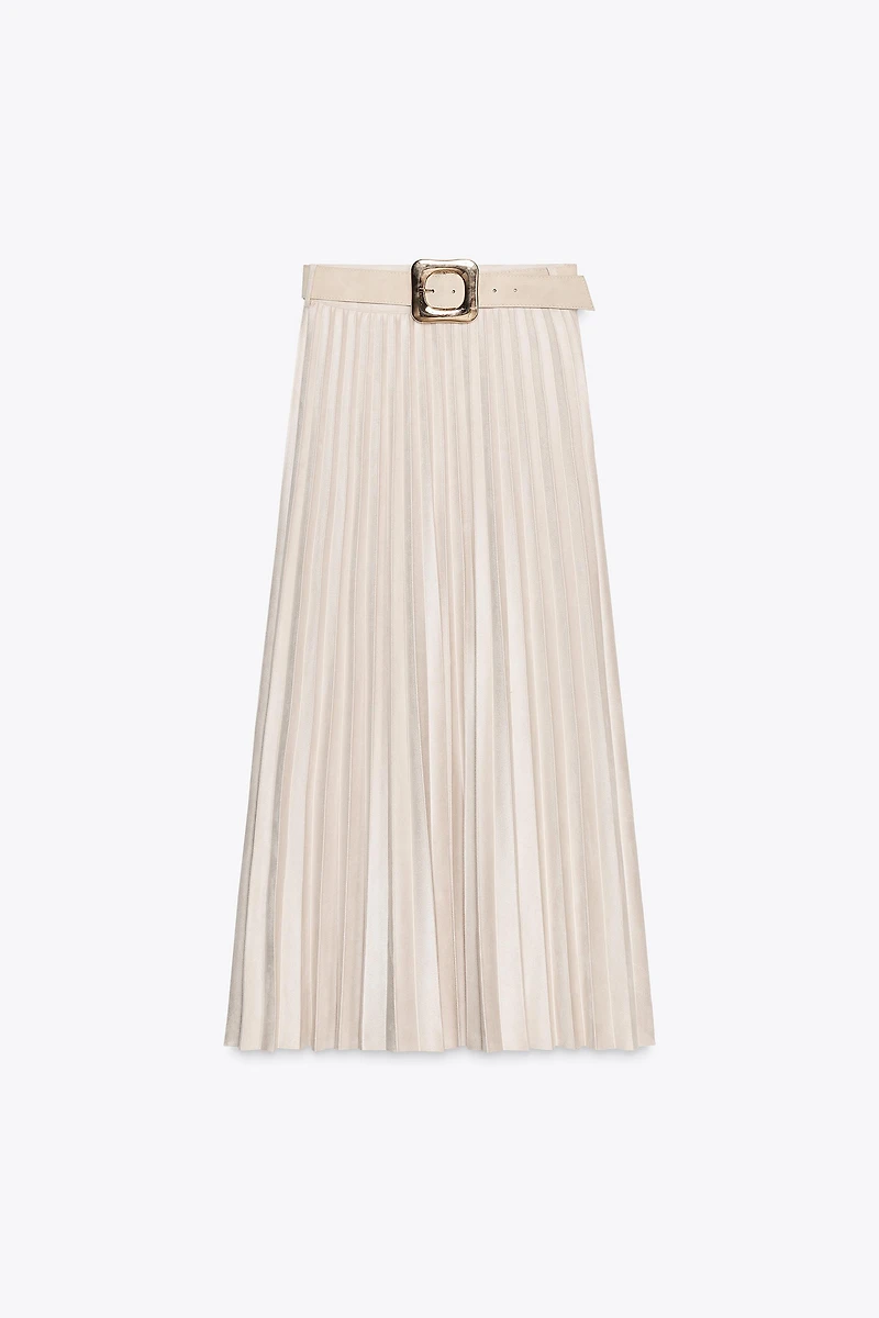 BELTED FAUX SUEDE EFFECT PLEATED MIDI SKIRT