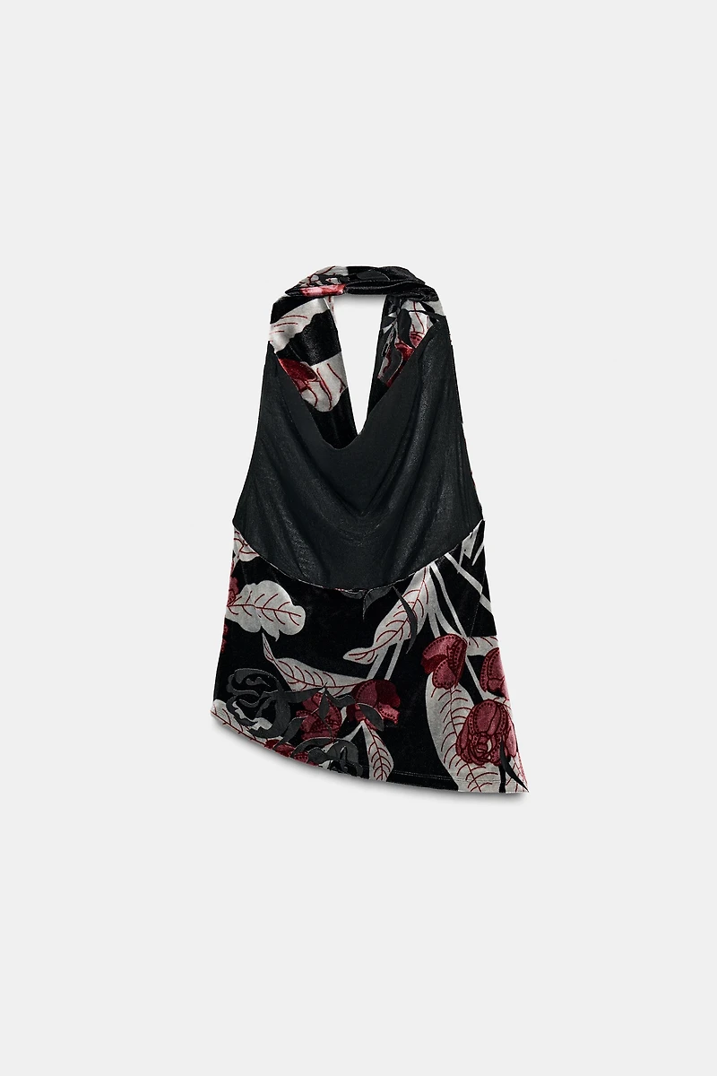 TOP HALTER EN VELOURS À FRANGES