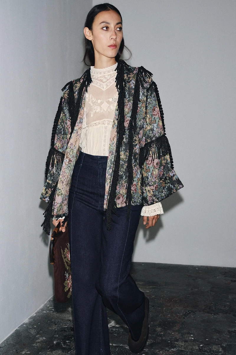 KIMONO JACQUARD FLEURS FRANGES