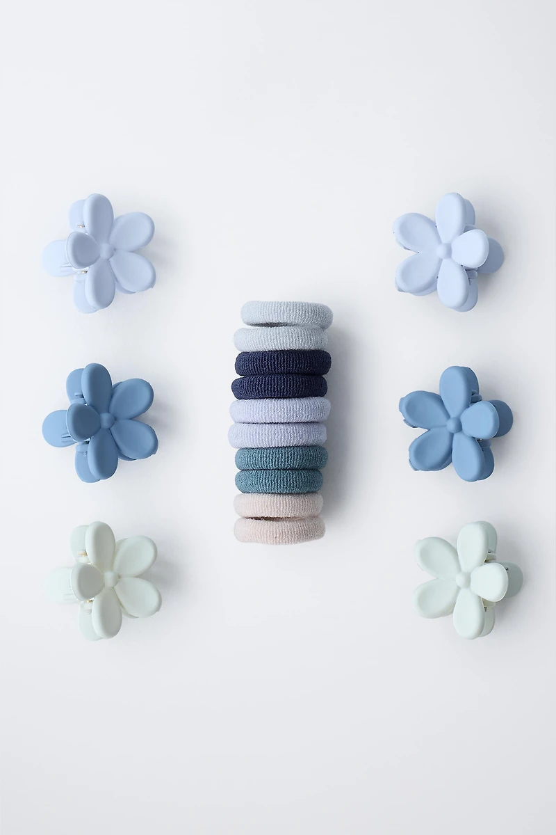 BOÎTE DE PINCES À CHEVEUX FLEURS ET ÉLASTIQUES