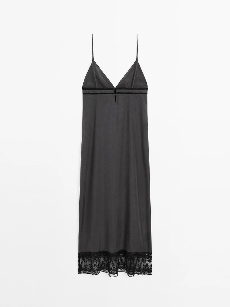 100% silk midi dress with lace detail