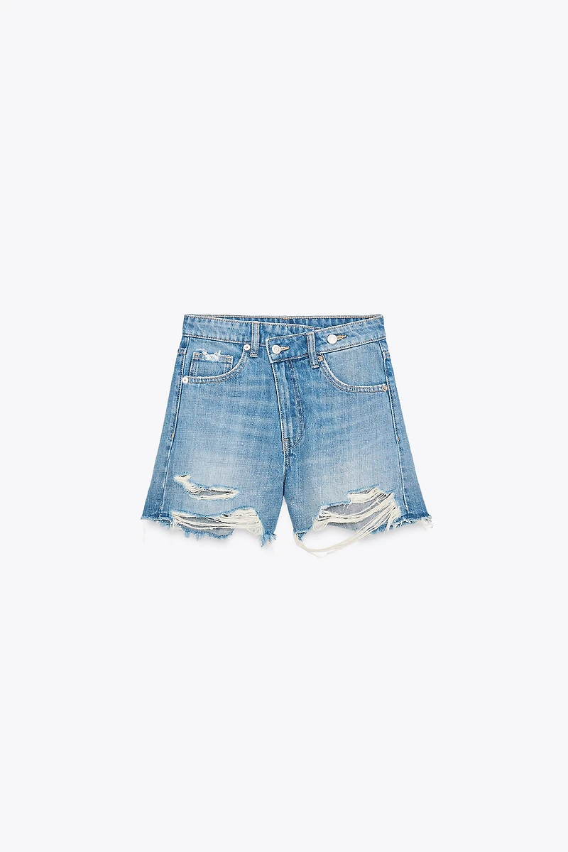 HIGH-RISE CROSS WAIST MOM FIT TRF DENIM SHORTS