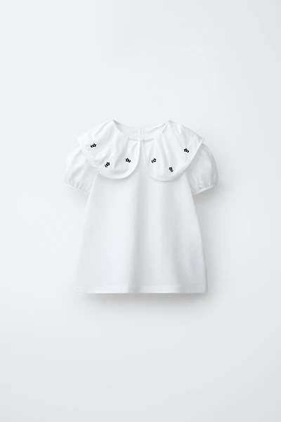 EMBROIDERED FLORAL PETER PAN COLLAR T-SHIRT