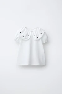 EMBROIDERED FLORAL PETER PAN COLLAR T-SHIRT