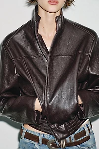 CROPPED FAUX LEATHER BOMBER JACKET