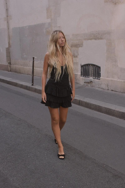 LACE-UP RUFFLE MINI DRESS