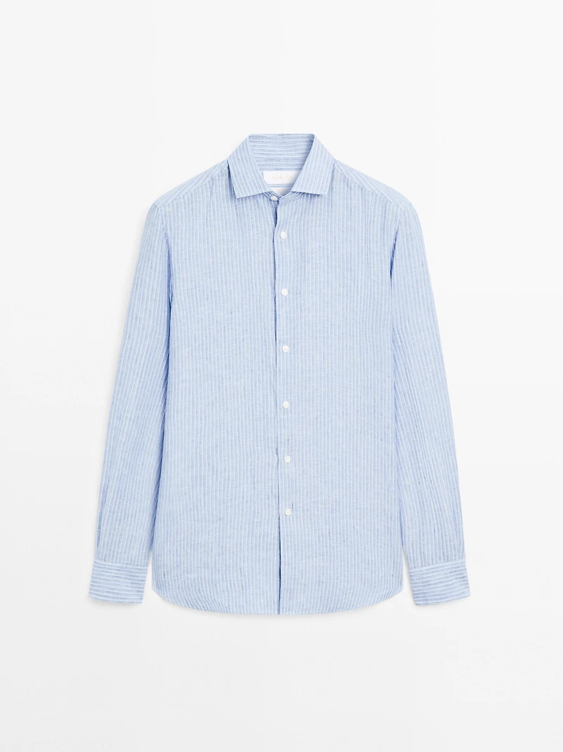 Regular fit striped 100% linen shirt
