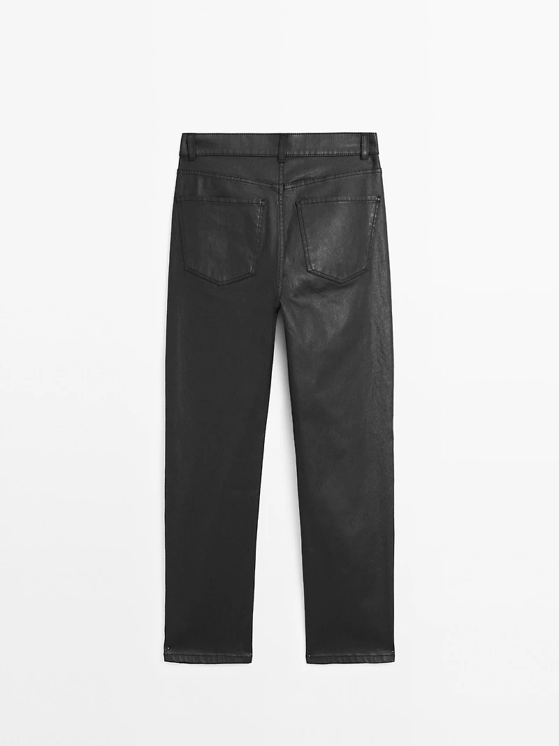 High-waist straight-leg waxed trousers