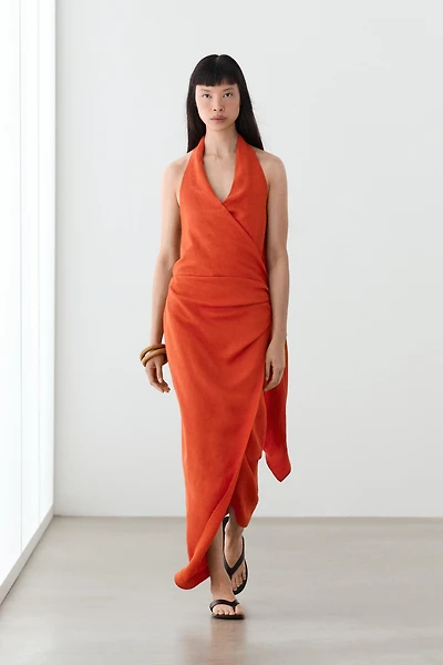 Draped midi dress with bow detail