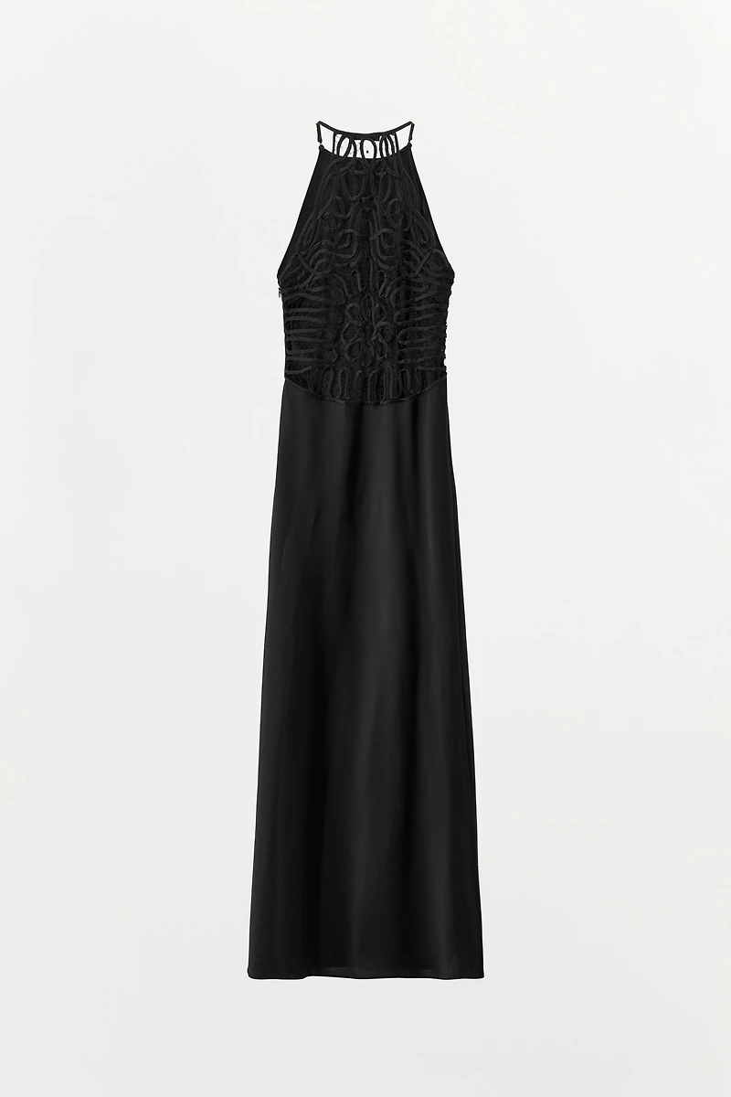 EMBROIDERED BACK SATIN HALTER DRESS
