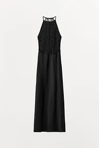 EMBROIDERED BACK SATIN HALTER DRESS