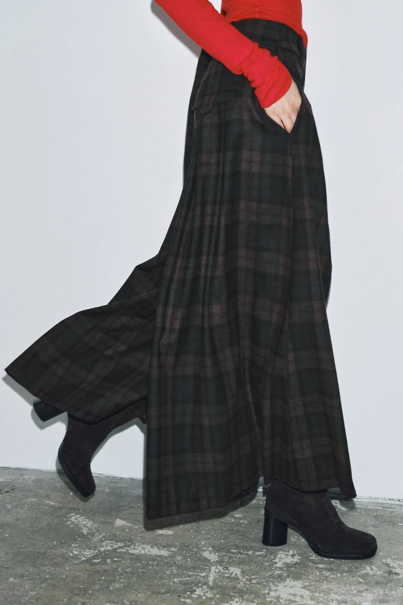PLAID WOOL BLEND WIDE LEG PANTS ZW COLLECTION