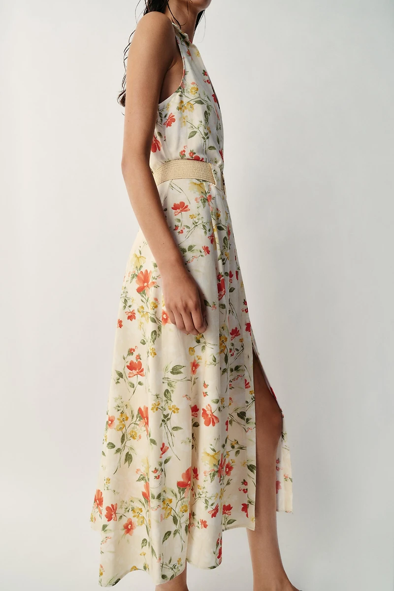PRINTED BELTED MIDI DRESS