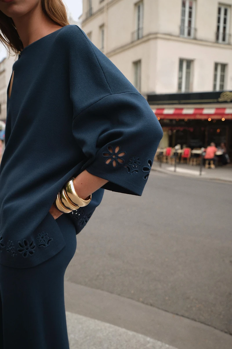 EMBROIDERED EYELET KNIT TOP