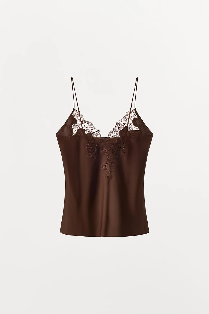 SATIN EFFECT EMBROIDERED LACE TOP