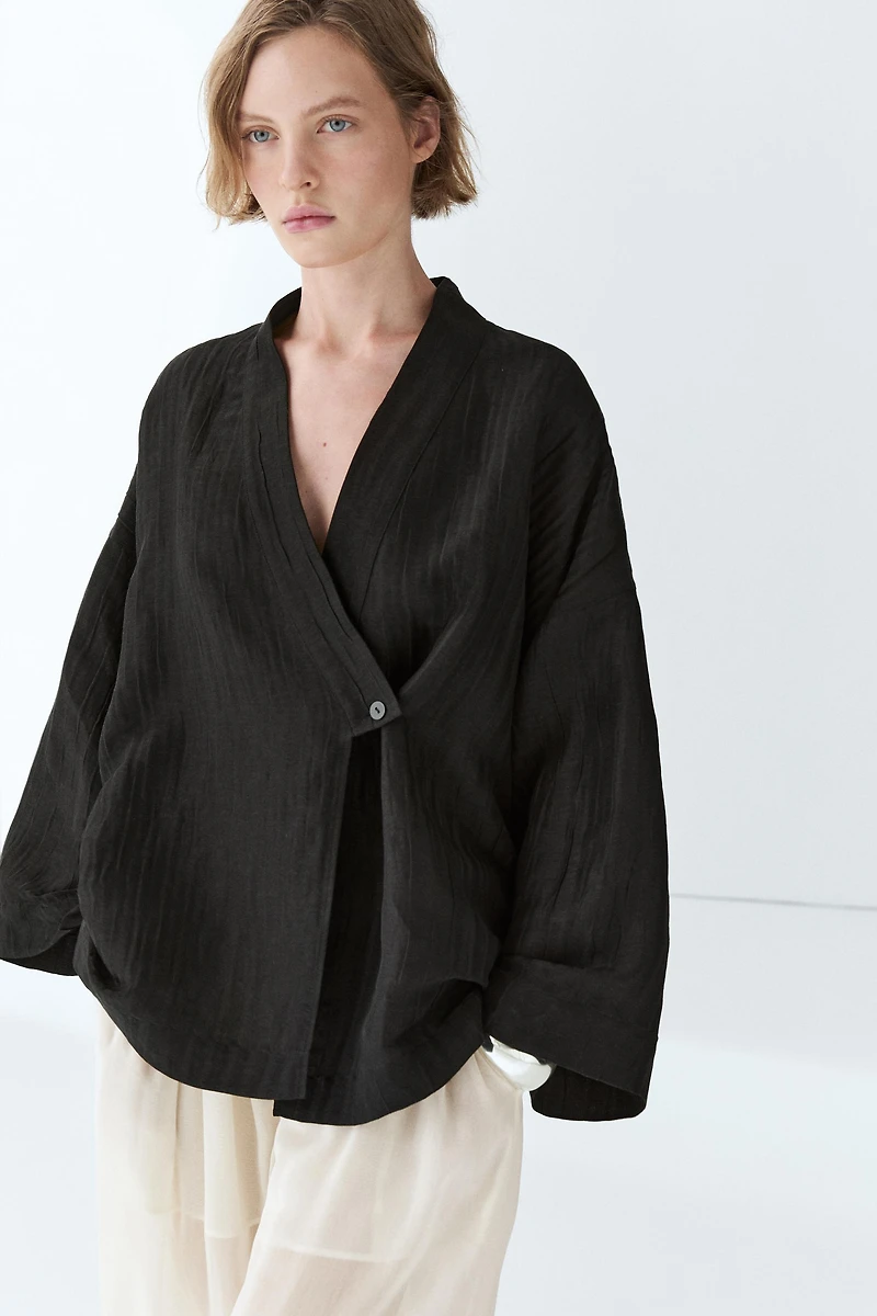 Textured linen blend V-neck kimono