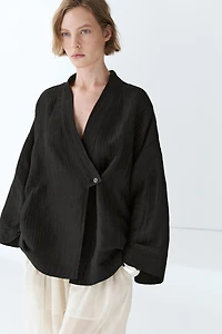 Textured linen blend V-neck kimono