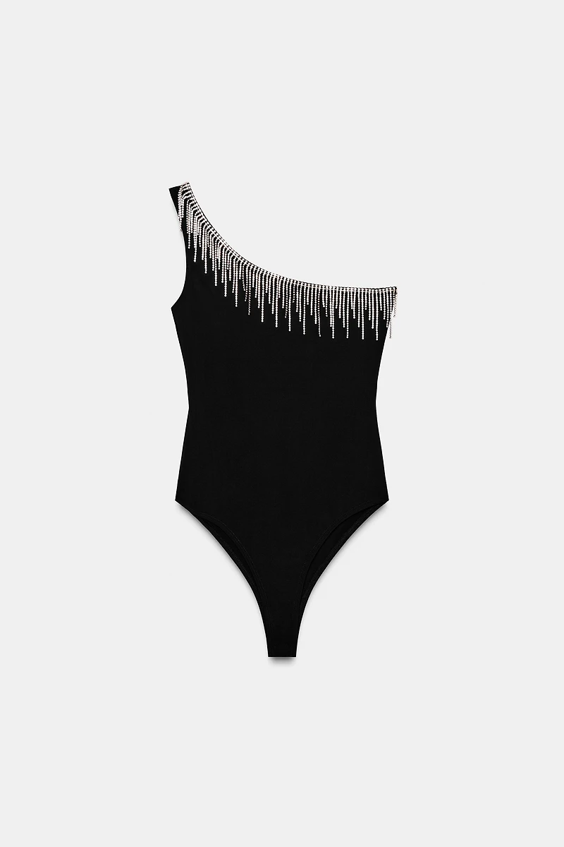 ASYMMETRIC FRINGE BODYSUIT WITH SPARKLE EMBELLISHMENT