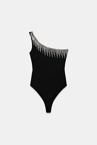 ASYMMETRIC FRINGE BODYSUIT WITH SPARKLE EMBELLISHMENT