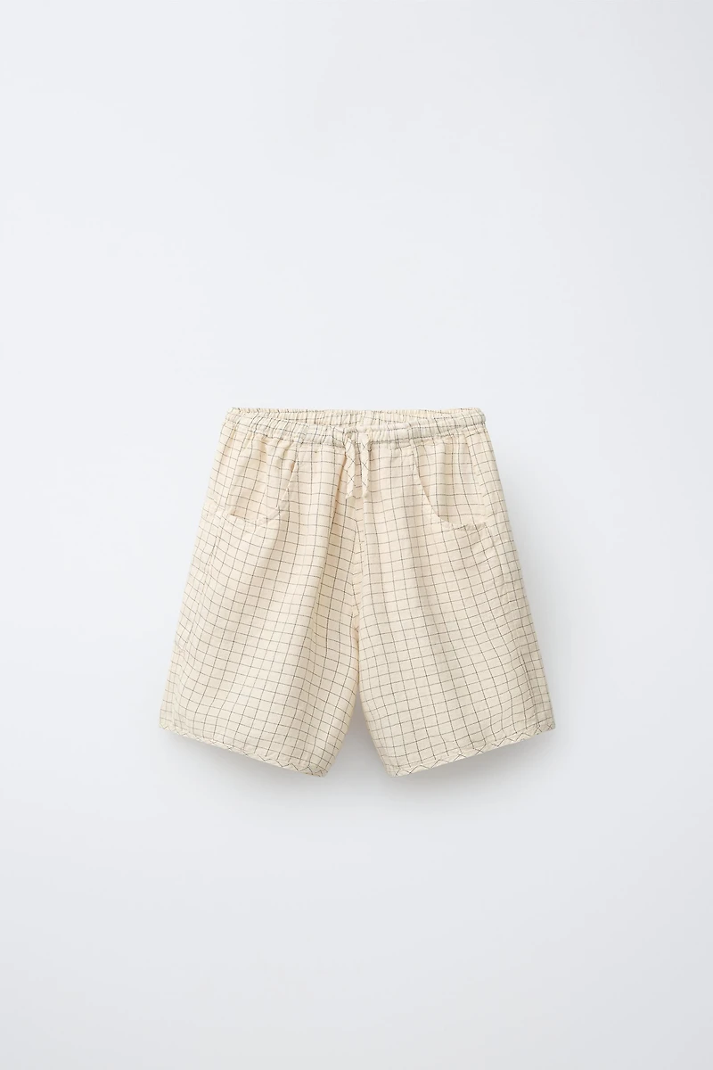 100% LINEN PLAID SHORTS